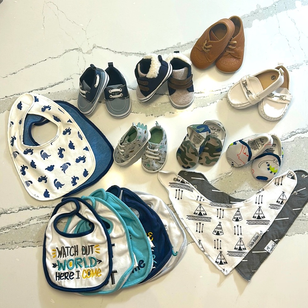 16 items!! Baby Boy shoes and bibs bundle Sizes 0-3, 3-6, 6-12